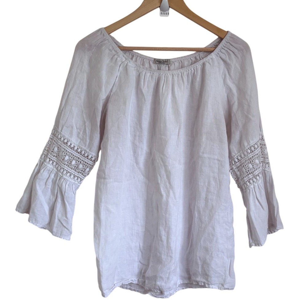 Alessia Pacini Womens Boho Lace Linen Peasant Blouse Medium White Bell Sleeve